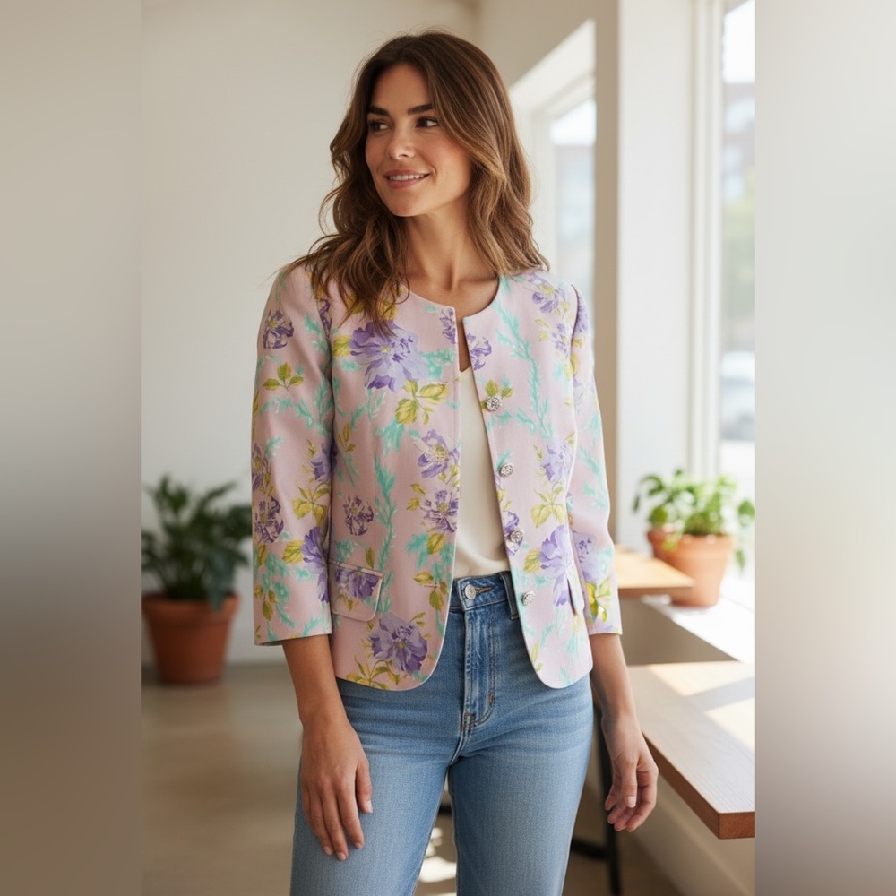 Vintage Escada Pink Floral Blazer with Swarovski Detailing Size US 4